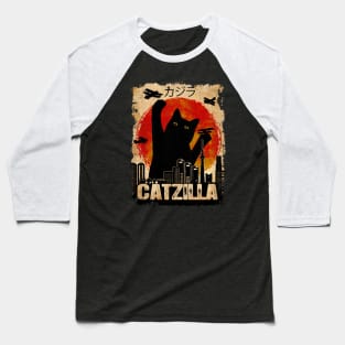 Vintage Catzilla Funny Black Cat Baseball T-Shirt